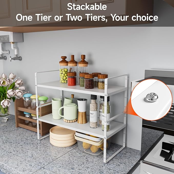 16.5-27’’L Expandable Stackable Cabinet Shelves, Adjustable Spice Rack Cabinet Shelf Organizer for Kitchen, Countertop, Pantry and Cupboard, White-NeatNest