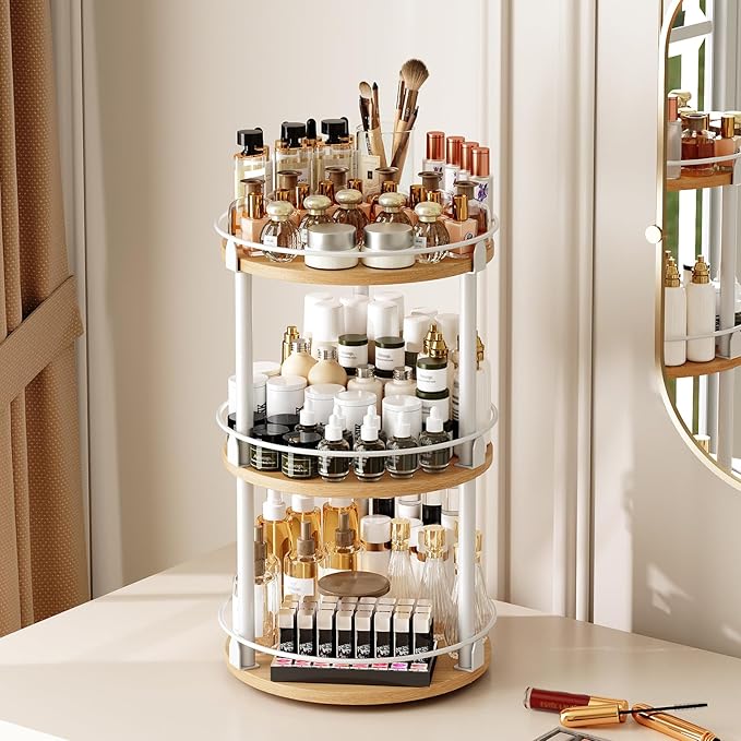 3-Tier Lazy Susan Organizer, Rotating Spice Rack, Spinning Organizer, Industrial Turntable Spice Rack Organizer for Cabinet, Kitchen Countertop, Pantry, White and Natural SR23WN-NeatNest