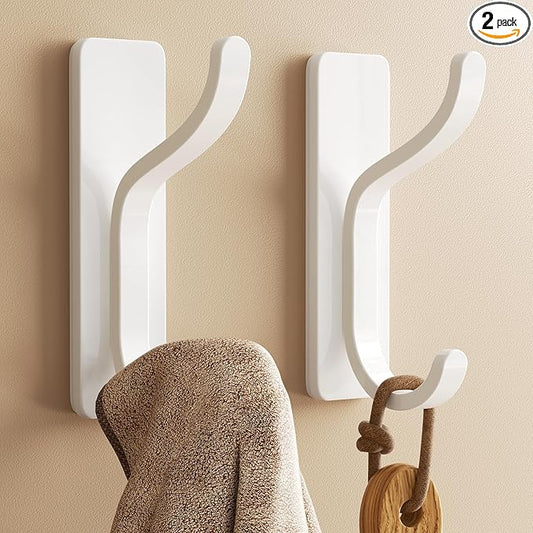 2 Pack Wall Hooks for Hanging: Adhesive Coat Hooks for Hat, Towel, Purse, Clothes, Keys, Backpack, Hangers for Door, Kitchen, Bathroom, Shower, Heavy Duty Stick On, Hold 13 lb, Stainless, White