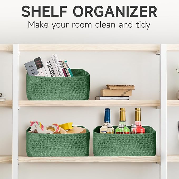 3-Pack Shelf Baskets for Organizing, Closet Organizer Bins, Small Woven Baskets, Rope Toy Basket, Storage Basket for Shelves, Cube Decorative Box, 11.5×7.5×4.7”, Green-NeatNest