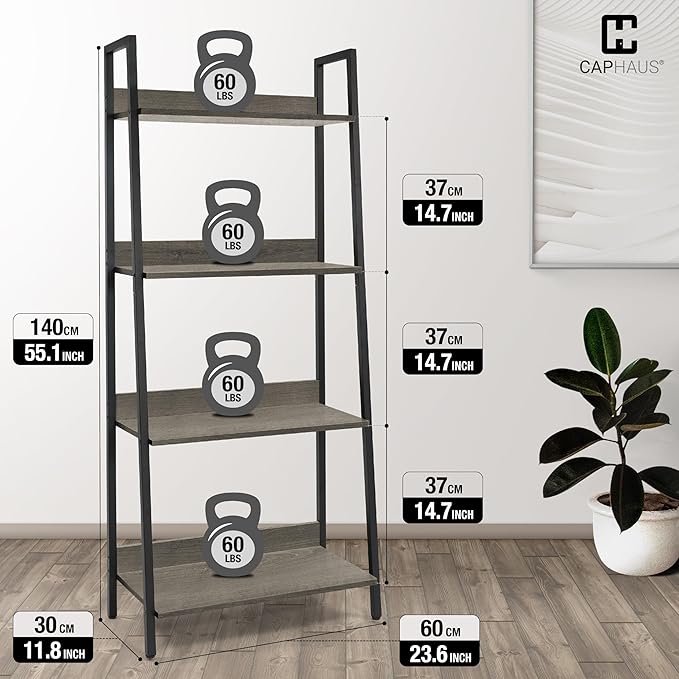 CAPHAUS 4 Tier Ladder Bookshelf, 24 Inch Width Free Standing Shelf, Bookcase Shelf Storage Rack Organizer, Industrial Book Shelves for Home Office, Living Room, Kitchen, Dark Grey Wooden Shelves-NeatNest