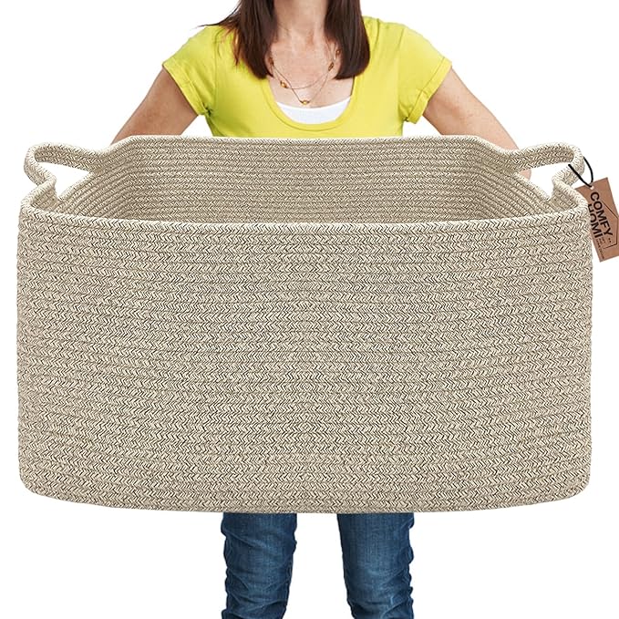 COMFY-HOMI Large Rectangular Blanket Basket, Woven Cotton Rope Baskets for Storage, Laundry Hamper Basket, Storage Bin,Toy Organizing Bin with Handle, Organization and Storage-22x15x12”-Brown-NeatNest