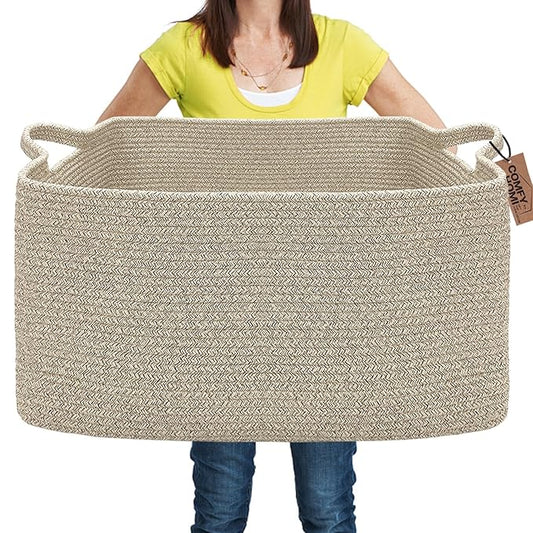 COMFY-HOMI Large Rectangular Blanket Basket, Woven Cotton Rope Baskets for Storage, Laundry Hamper Basket, Storage Bin,Toy Organizing Bin with Handle, Organization and Storage-22x15x12”-Brown-NeatNest