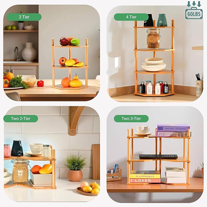 Expandable Bamboo Corner Shelf for Cabinet - 2-5 Tiers Plate Organizer, Kitchen Space Saver, Minimal Tool Assembly (Powered by Gogogo) (Natural, 6.7" H(3 Tier))-NeatNest