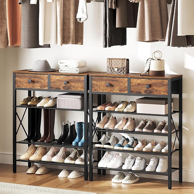 5 Tier Shoe Rack, Large Capacity Shoe Storage Organizer, Metal Shoe Shelf with Drawer and Wooden Top, for 20 Pairs of Shoes, for Entryway, Closet, Rustic Brown and Black SS25BRY1N1-NeatNest