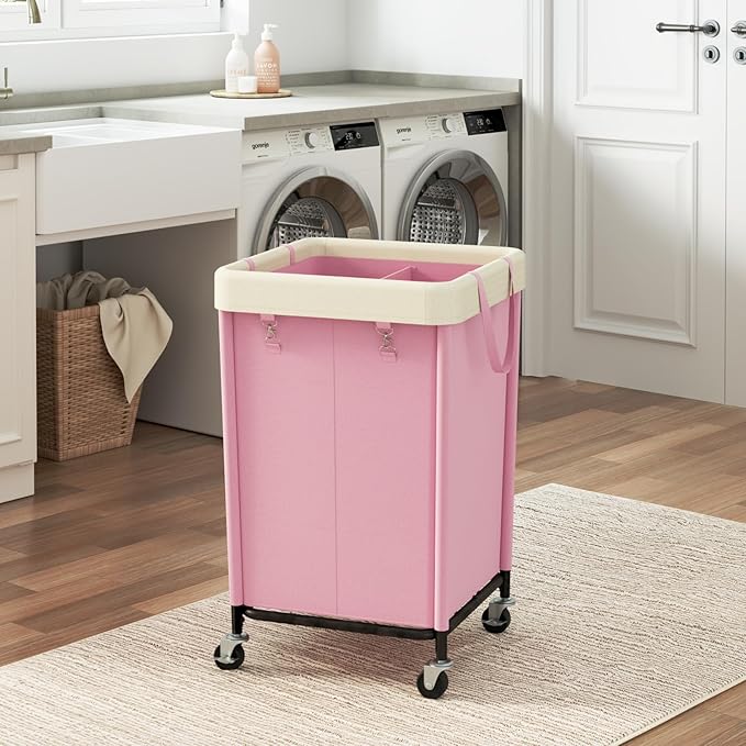 WOWLIVE 160L Rolling Laundry Hamper with Wheels, Heavy Duty Laundry Basket, Large Laundry Cart with Steel Frame and Removable Bag, Dirty Clothes Hamper for Home, Closet, Dorm, Bathroom, Pink
