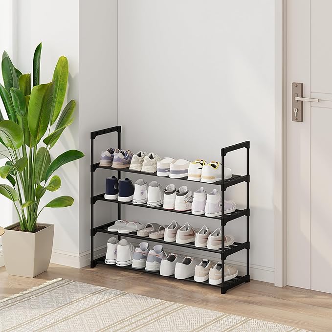 Calmootey 4-Tier Shoe Rack, Tall Large Capacity 20 Pairs Shoes Storage Organizer, Stackable Wide Shoe Shelf for Entryway, Hallway, Black-NeatNest