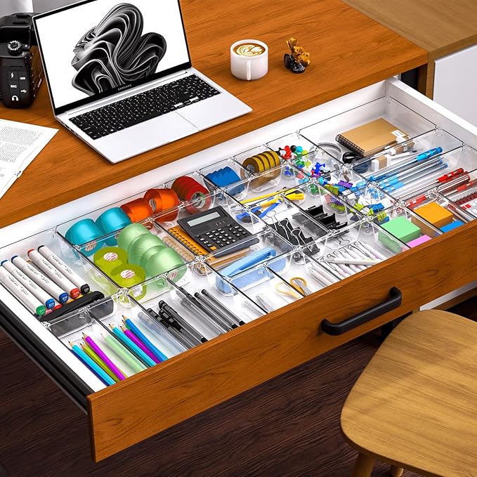 7 Pack Clear Plastic Drawer Organizer Set,4 Sizes Bathroom Drawer Organizers and Storage Bins,Vanity Drawer Organizer for Makeup,Cosmetics,Jewelry,Utensils,Gadgets,Office In Drawer Organizers Trays-NeatNest
