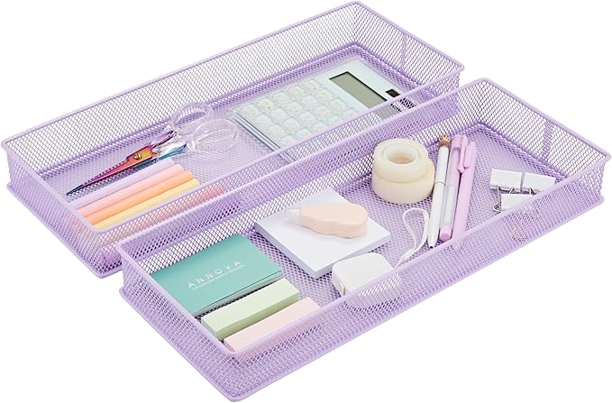 Annova Mesh Stackable Drawer Cabinet and Shelf Organizer Bins Storage Basket School Office Supply Holder Tray- Set of 2 (Light Purple, 6x15x2 Inch)-NeatNest