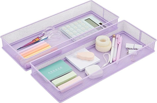 Annova Mesh Stackable Drawer Cabinet and Shelf Organizer Bins Storage Basket School Office Supply Holder Tray- Set of 2 (Light Purple, 6x15x2 Inch)-NeatNest