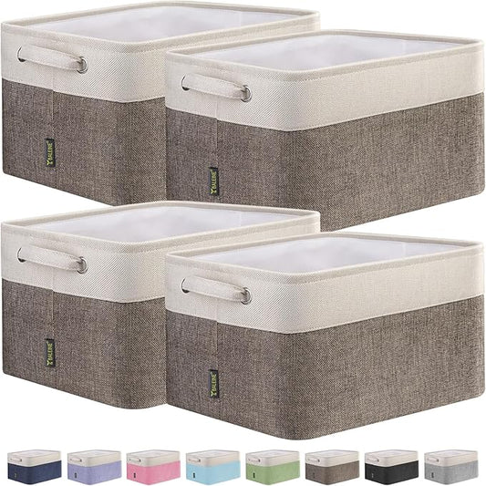BALEINE 4 Pack Fabric Storage Bins for Shelves, Linen Storage Baskets for Organizing, Decorative Closet Bins for Clothes, Home (Brown, 12"x8"x8")-NeatNest