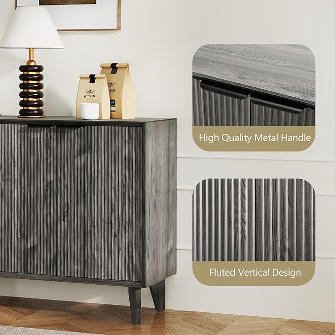 Fluted Cabinet with Storage, Buffet Sideborad with 4 Doors Kitchen Buffet Storage Accent Cabinet with Adjustable Shelves for Living Room, Entry, Hallway, Black&Grey