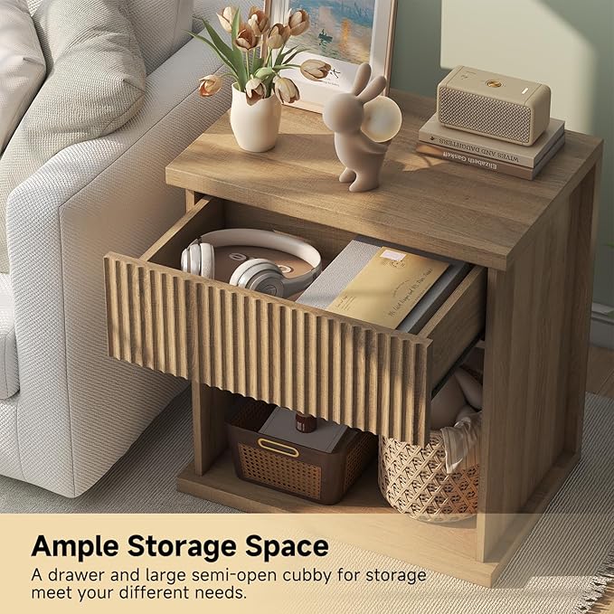 Fluted Nightstand, 22.8" Wide Nightstands with Drawer Storage Large Wood BedsideTable Night Stand for Bedroom, Natural Oak