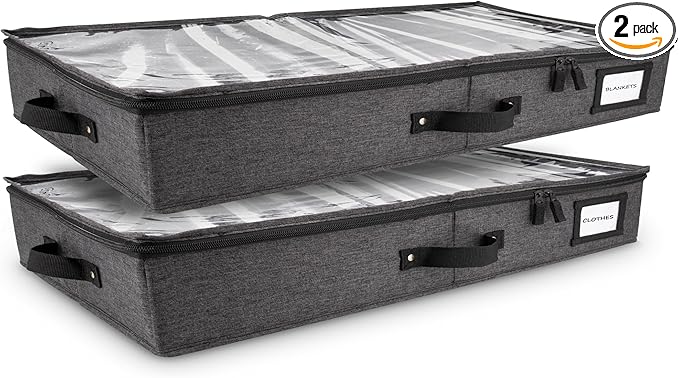 HOMELUX THEORY 2pc Low Profile Under Bed Storage Containers, Thin Under Couch Storage Organizer with Bins & Lids, Underbed Storage Box Ideal for Seasonal Clothes, Blankets, Fabric & Shoes (Dark Gray)-NeatNest