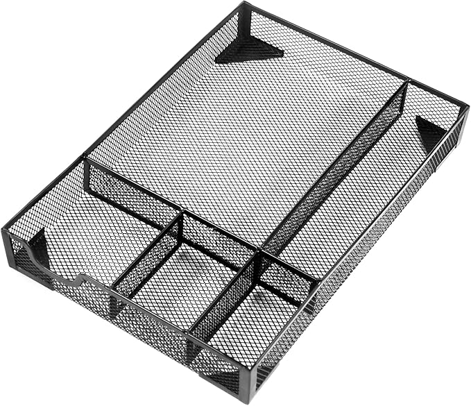 Desk Drawer Organizer Tray, 5 Compartments Metal Mesh Drawer Organizer Tray, Pen Pencil Desk Organizers and Accessories for Office Supplies, School & Makeup, 12.3 x 8.4 x1.7inch, Black-NeatNest
