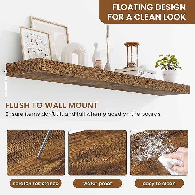 fuqing Floating Shelves for Wall, Bathroom Shelf Wall Mounted for Storage, Shelves with Invisible Bracket for Bedroom, Kitchen, Living Room, Farmhouse Small Book Shelf, 48 Inch Set of 2, Rustic Brown-NeatNest