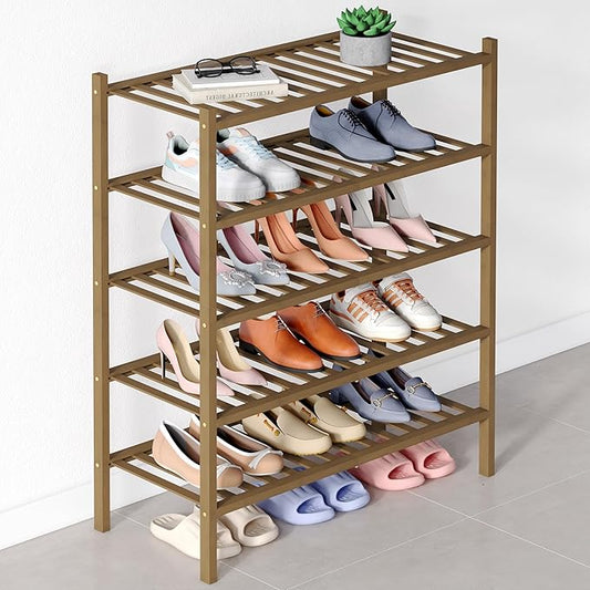 Smiry Bamboo Shoe Rack for Closet, 5 Tier Wooden Stackable Shoe Organizer, Free Standing Shoes Storage Shelf for Entryway, Front Door Entrance, Walnut-NeatNest