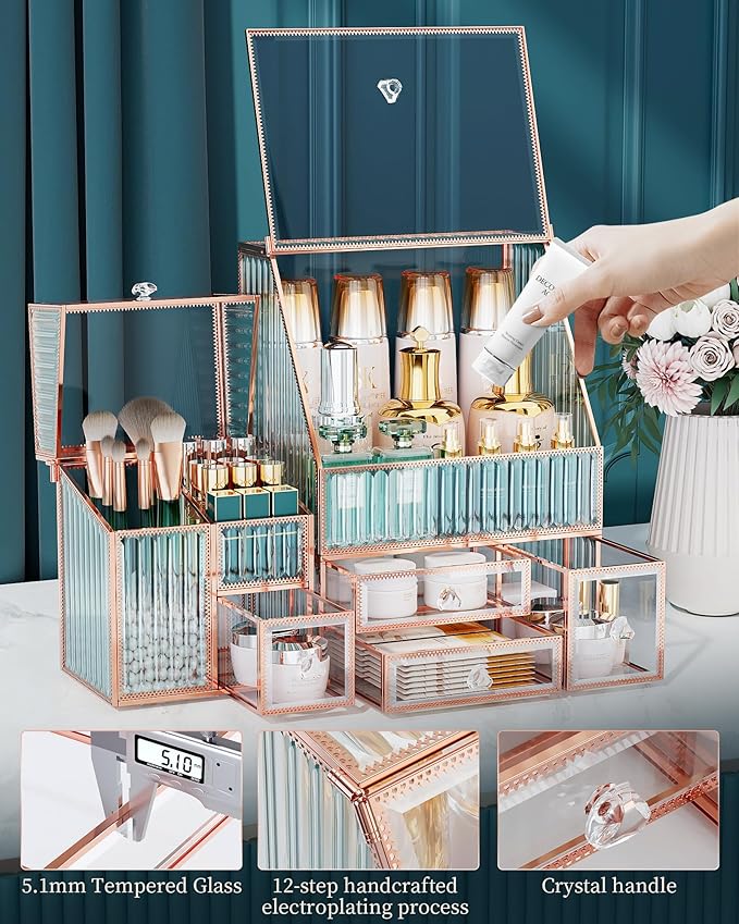 Glass Makeup Organizer - Multi-Functional 3-in-1 Cosmetic Organizer for Skincare, Lipstick, Brushes - Vanity Organizer & Bathroom Organizer