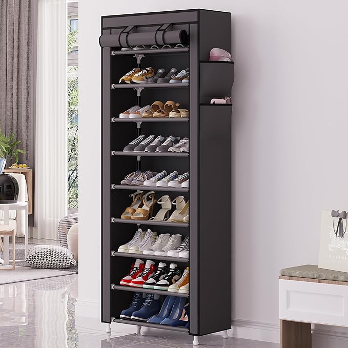 Calmootey 9 Tier Shoe Rack Organizer,Portable Shoe Shelf with Nonwoven Fabric Cover for Closet Hallway,Bedroom,Entryway,Grey-NeatNest