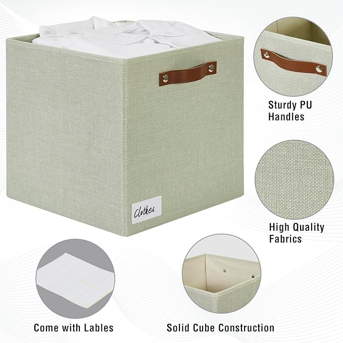 Collapsible Fabric Storage Cube Bins with 2 Reinforced PU Handles, Foldable Storage Organizer Baskets for Closet, Shelves, Living Room | 13"x13"x13", 4 Pack, Sage Green-NeatNest