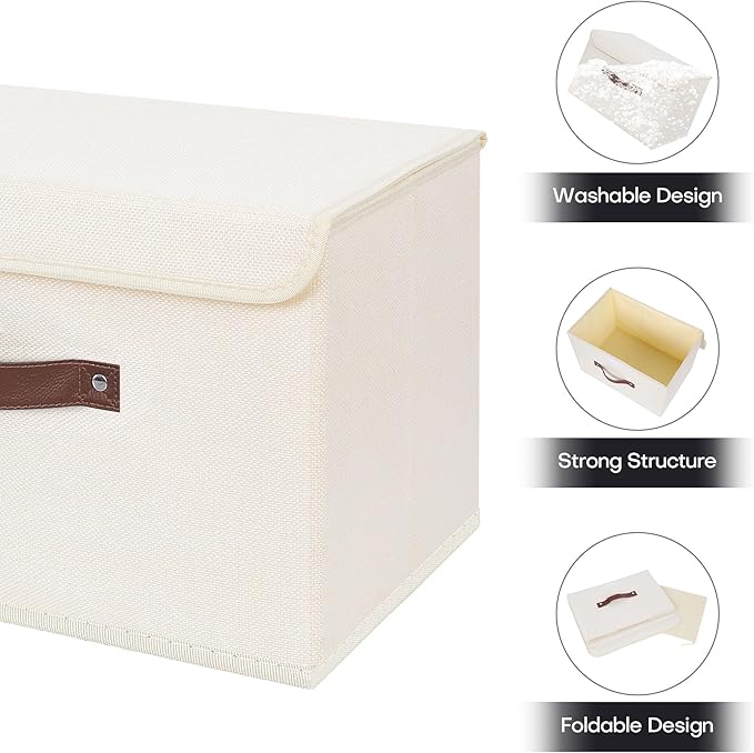 ANMINY 2PCS Storage Bins with Lid PU Leather Handles Storage Boxes PP Plastic Board Decorative Foldable Lidded Cotton Linen Fabric Home Cubes Baskets Closet Organizer Containers - Beige, Large Size-NeatNest