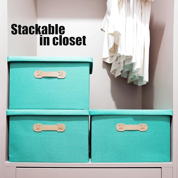 Enzk&Unity Decorative Storage Bins with Lids, Fabric Linen Foldable Storage Box with Handle Home Organizer for Shelf, Closet, Bedroom, Living Room, Office, 3 Packs, Teal-NeatNest