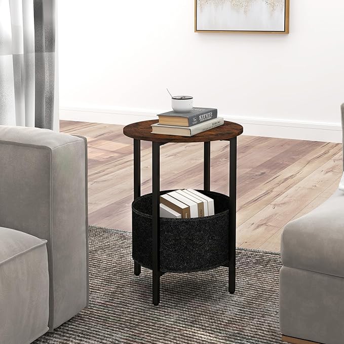 GOFALME Round End Table with Storage, Sofa Side Table with Removable Fabric Basket, Metal Frame, Wooden Top, Industrial, 2-Tier Bedside Table for Living Room, Bedroom, Rustic Brown
