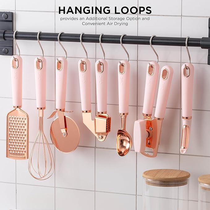 COOK WITH COLOR Kitchen Gadget Set Copper Plated Stainless Steel Utensils with Soft Touch Handles, Copper Pink, 7 Pieces-NeatNest