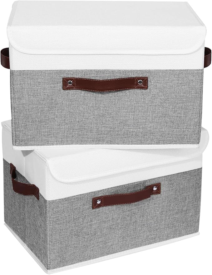 ANMINY 2PCS Storage Boxes with Lid Washable Decorative Storage Bins Basket with PU Leather Handle Foldable Linen Fabric Storage Cubes Containers for Home Closet Organizer - Gray White, Large Size-NeatNest