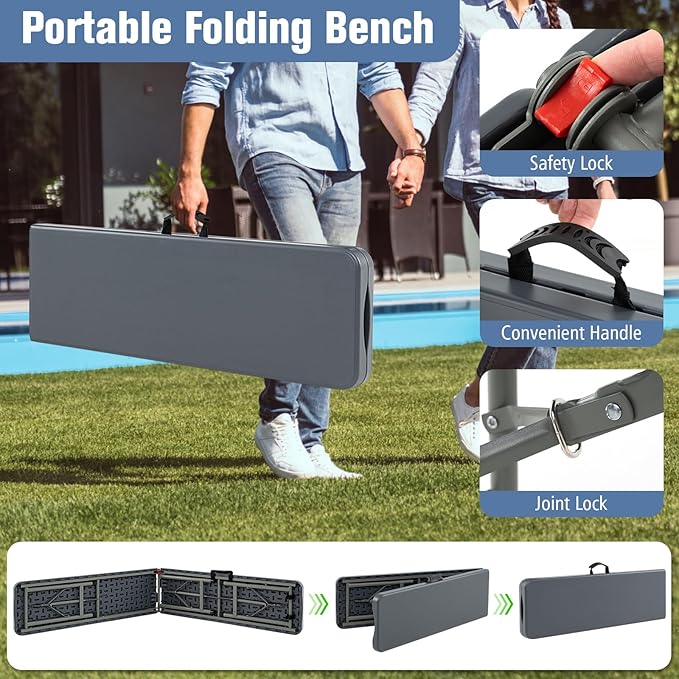 Goplus 6 Feet Plastic Folding Bench, Portable Foldable Bench Seat with 1320 LBS Capacity, HDPE Thickened Long Seat with Handle & Lock, for Outside Indoor Picnic Party Camping Dining Soccer Events-NeatNest