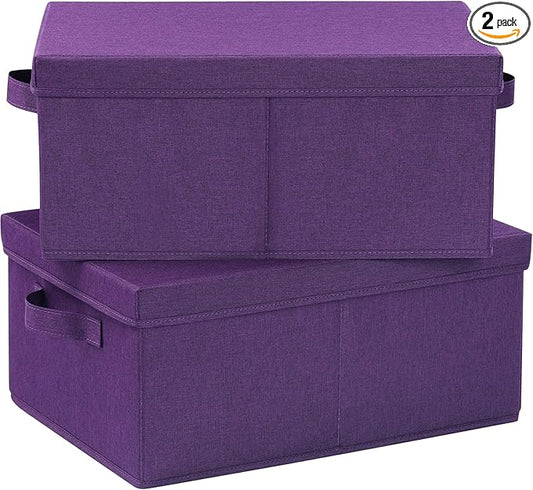 HOONEX Storage Bins with Lids for Organizing, Pack of 2, Storage Boxes with 2 Carry Handles and Sturdy Heavy Cardboard, 16.5" L x 11.8" W x 7.5" H for Shoes, Books, Clothes, Nursery, Dark Purple-NeatNest