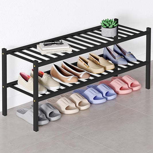 Smiry Bamboo Shoe Rack for Closet, 2 Tier Long Wooden Stackable Shoe Organizer, Free Standing Shoes Storage Shelf for Entryway, Front Door Entrance, Black-NeatNest