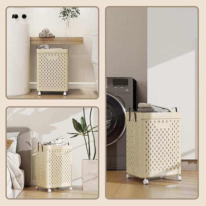 UAK Laundry Basket with Wheels, Collapsible Plastic Laundry Hamper with Handle, Foldable Laundry Basket Organizer for Laundry and Bathroom (Ivory, XXL)