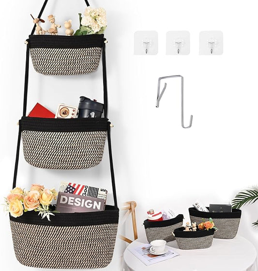 Hanging Storage Baskets, 3-Tier Over the Door Basket, Cotton Wall Basket Storage, Detachable Hanging Door Basket with 4 Hooks, Over the Door Organizer Nursery for Bedroom, Living Room, Bathroom Wall