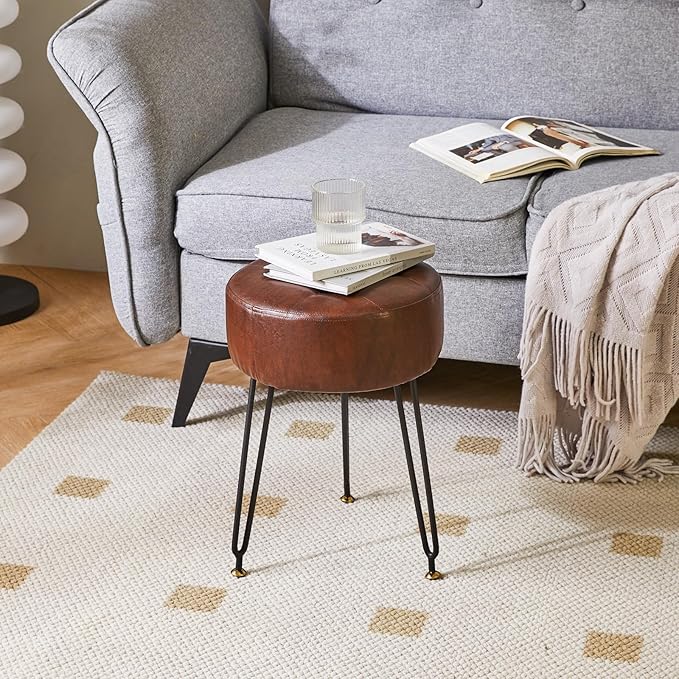 IBUYKE Faux Leather Round Footrest Stool, Makeup Vanity Stool Side Table, PU Dressing Table Seat, Pouf Couch Stool, Golden Steel Legs, Dark Brown LG-31Z