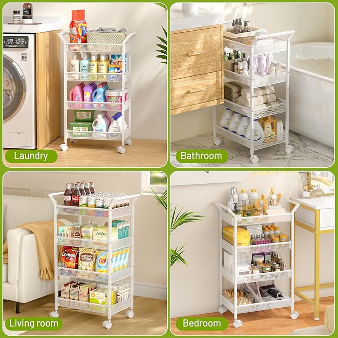 4-Tier Standing Storage Shelves, Shelving Unit with Wheels, Freestanding Shelf for Bathroom, Laundry, Kitchen Organizers and Storage,White-NeatNest