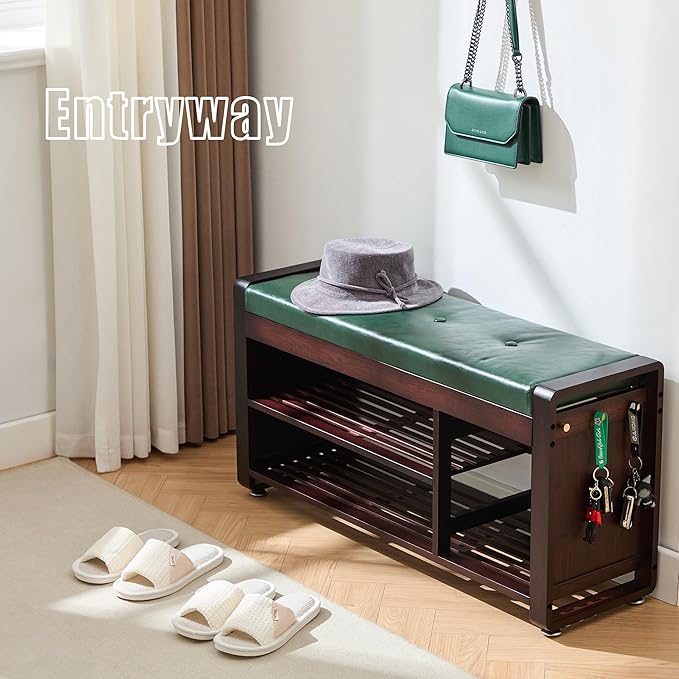 Nnewvante 37.4 inch Shoe Bench with Green Leather Cushion, 3-Tier Large Shoe Rack for Entryway Organizer, 100% Bamboo Ottoman Upholstered Bench for Hallway, Living Room, End of Bed Padded Bench