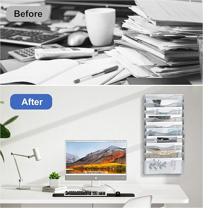 EasyPAG 10 Pocket Wall File Organizer, Silver | Metal Mesh Wall Mounted File Holder | Assembly Hanging Mail Organizer | Replaceable Classify Labels | Office Home Letter Size Paper Storage
