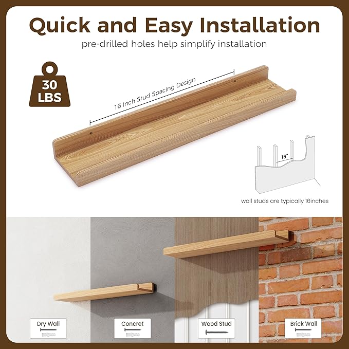 Floating Shelves for Wall | Picture Ledge Shelf Set of 2 | 24 Inch Solid Ash Wood Floating Shelves with Lip | Natural Wood Picture Shelf for Wall with Ledge | Photo Ledge Shelves-NeatNest