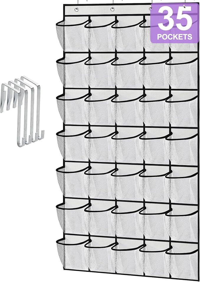 35 Large Pocket Over the Door Shoe Organizer, Extra Sturdy Oxford Fabric Hanging Shoe Rack for Door Closet, Wall Mesh Shoe Storage Holder for Mens Women Shoes (White)-NeatNest