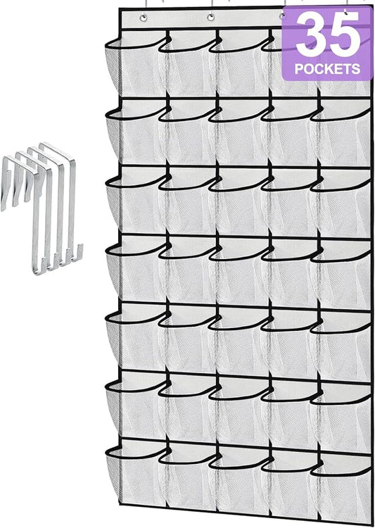 35 Large Pocket Over the Door Shoe Organizer, Extra Sturdy Oxford Fabric Hanging Shoe Rack for Door Closet, Wall Mesh Shoe Storage Holder for Mens Women Shoes (White)-NeatNest
