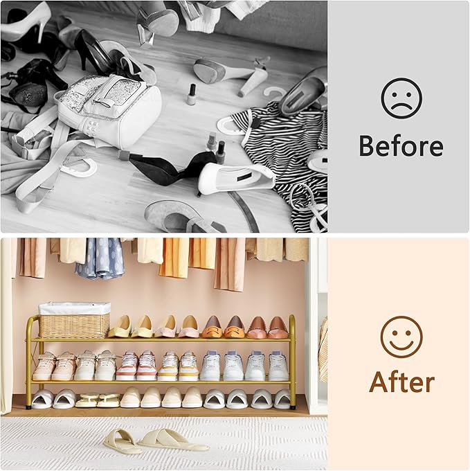 Hoctieon 2 Tier Shoe Rack for Closet, Durable Mesh Style Shoe Rack, Entryway Shoe Shelf, Shoe Storage Organizer for Hallway, Bedroom, Living Room, Wardrobe, Gold-NeatNest