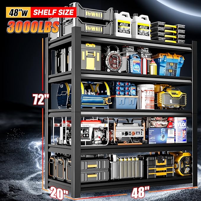 48" W Garage Shelving,5-Tier Heavy Duty Shelving Unit,3000LBS Adjustable Metal Storage Shelves,Storage Rack Units for Industrie,Shed,Warehouse,Basement,Black,48" W x 20" D x 72" H-NeatNest