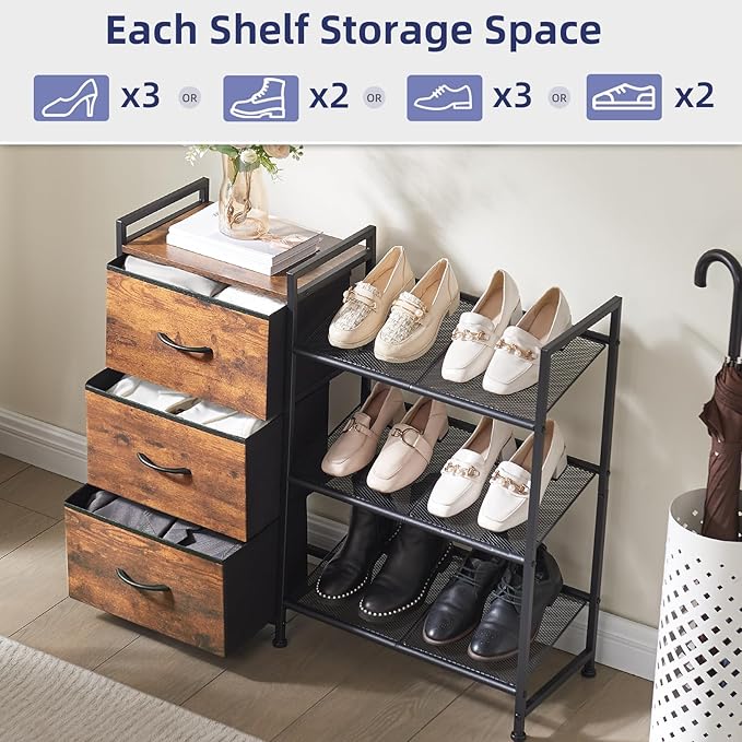 Somdot Shoe Rack, 3 Tier Shoe Organizer with 3 Drawers, Metal Shoe Storage Shelf for 6-9 Pairs of Shoes, Narrow Shoe Rack for entryway, Wood Grain Print-NeatNest