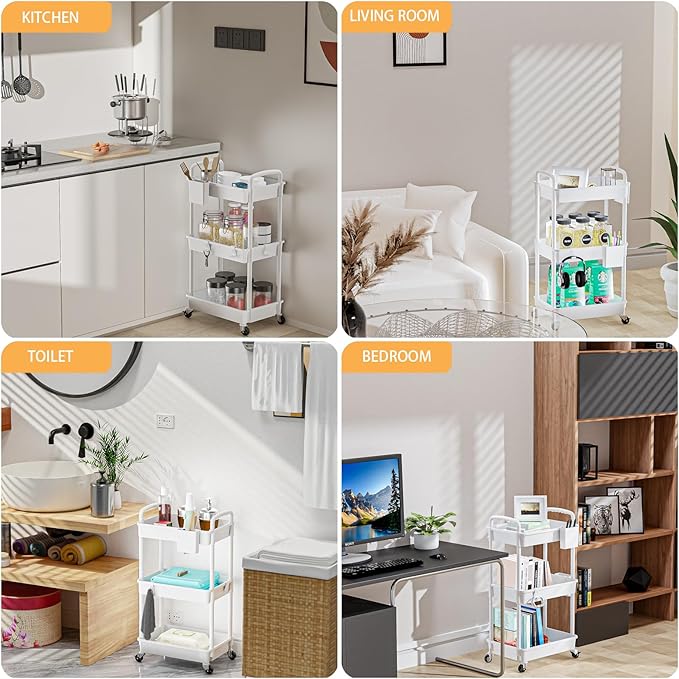 3 Tier Rolling Utility Cart with Handle,REBECAT Utility Cart Made of Multifunctional Storage Organizer Tool for Kitchen,Bathroom,Living Room,Office(White)-NeatNest