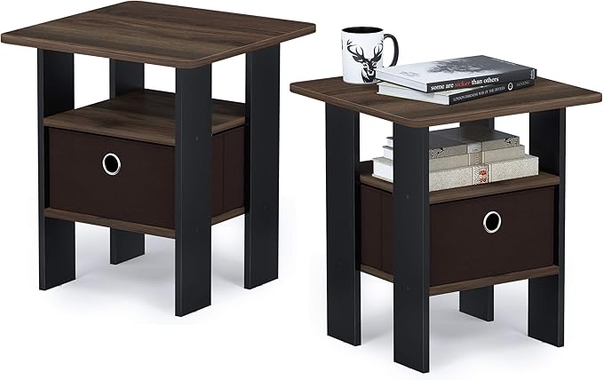 Furinno Andrey End Table Nightstand with Bin Drawer, Amber Pine/Black, Set of 2