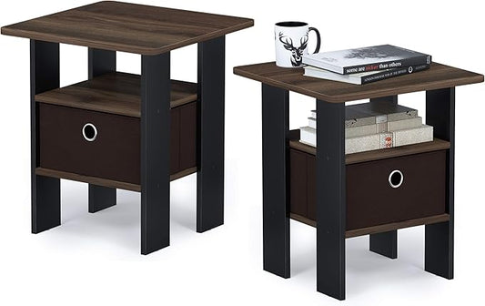 Furinno Andrey End Table Nightstand with Bin Drawer, Amber Pine/Black, Set of 2