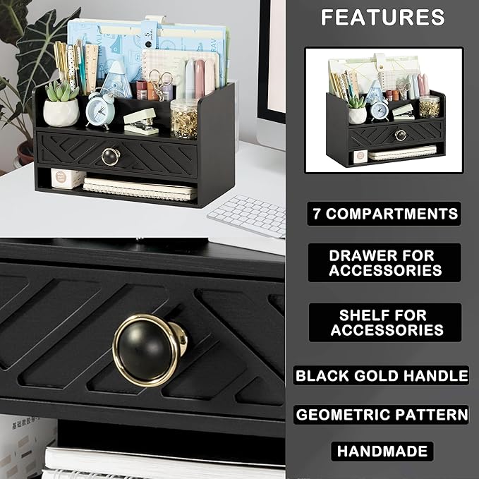 Black Wood Desk Organizer and Accessories with Drawer, Bill Mail Organizer and File Mail Holder for Office Supplies, Desk Accessories & Workspace Organizers for Desk Organization-NeatNest
