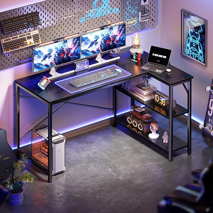 Huuger L Shaped Desk, 47 Inches Computer Desk with Reversible Storage Shelves, Gaming Corner Home Office Writing Study with Metal Frame, Black-NeatNest