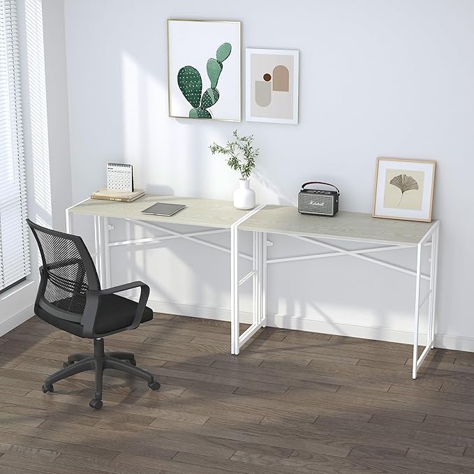 40 inch Folding Desk, Writing Gaming Computer Camping Desk, No Assembly Required Home Office Table, Natural and White-NeatNest